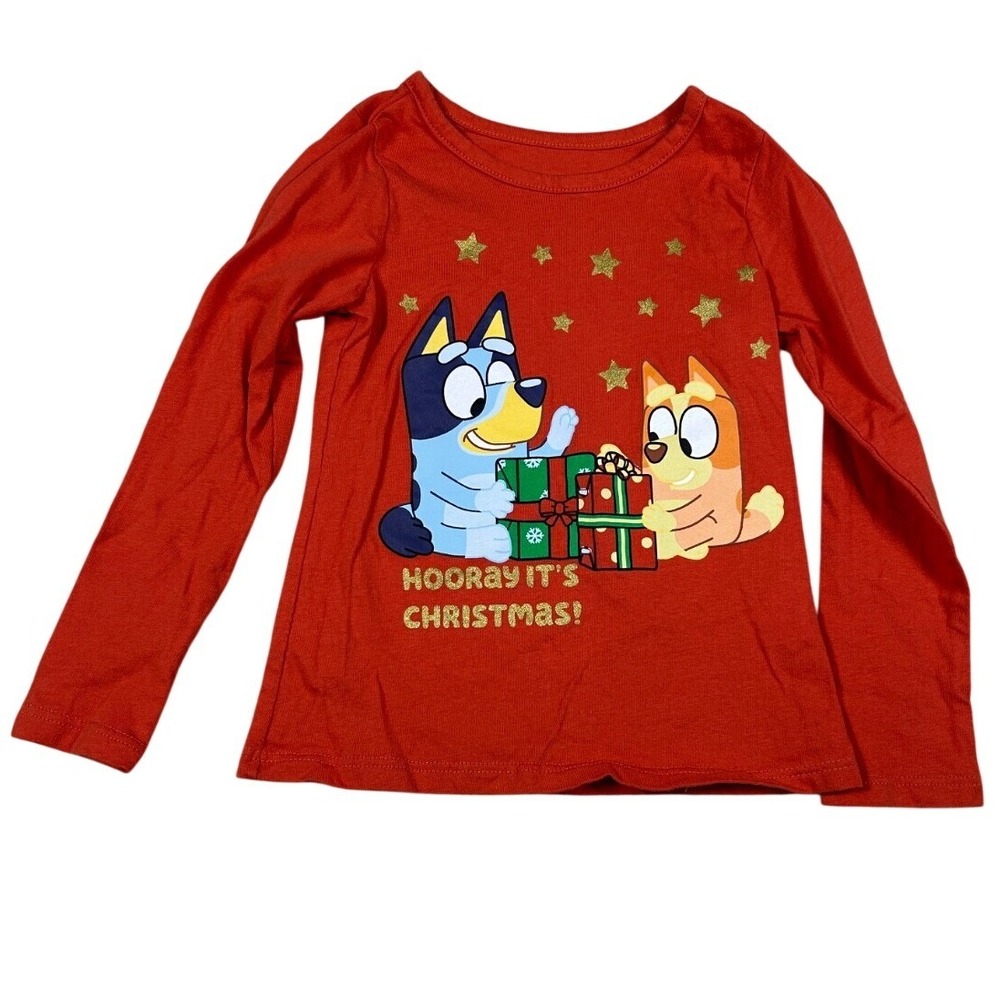 Bluey Bingo Christmas Graphic Long Sleeve Shirt 4T Red Glitter Holiday Festive